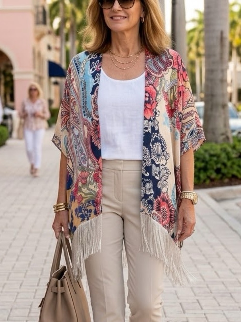 Chico’s Floral Paisley Modal-Silk Kimono with Fringe S/M